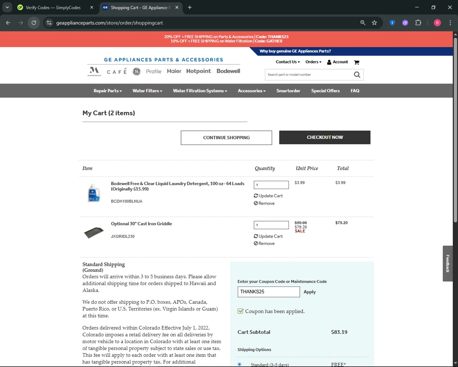GE Appliance Parts checkout page showing GE Appliance Parts coupon code box | Screenshot taken by SimplyCodes community member on Nov 20, 2025