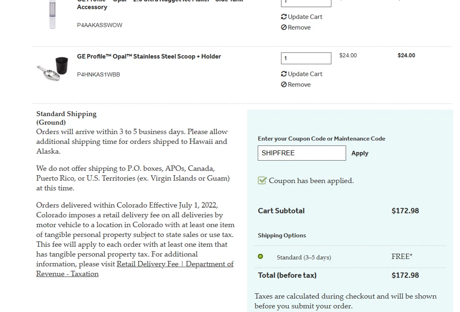 GE Appliance Parts checkout page showing GE Appliance Parts coupon code box | Screenshot taken by SimplyCodes community member on Nov 21, 2025
