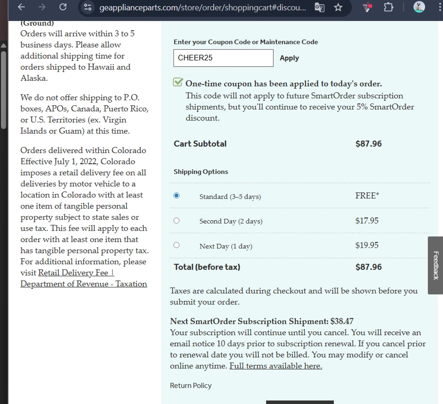 GE Appliance Parts coupon code screenshot showing code cheer25 applied at GE Appliance Parts checkout page. Uploaded by SimplyCodes community member Lacalix on Dec 27, 2025
