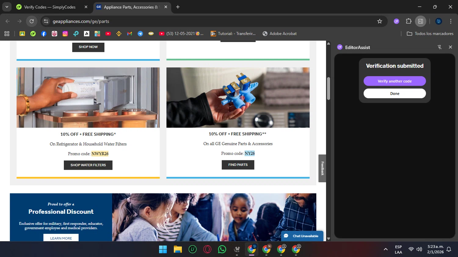 GE Appliance Parts checkout page showing GE Appliance Parts coupon code box | Screenshot taken by SimplyCodes community member on Jan 2, 2026