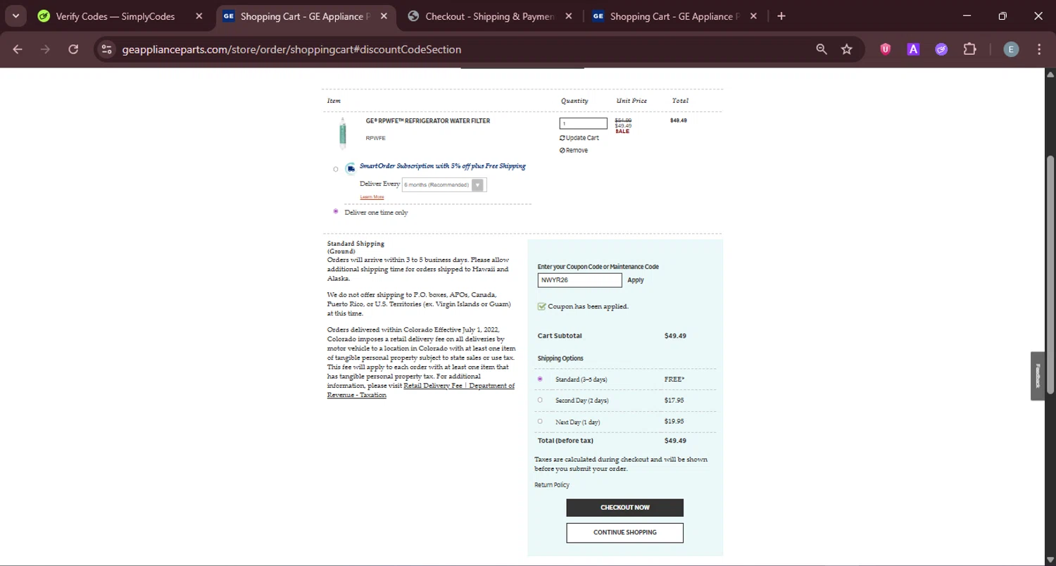GE Appliance Parts checkout page showing GE Appliance Parts coupon code box | Screenshot taken by SimplyCodes community member on Jan 21, 2026