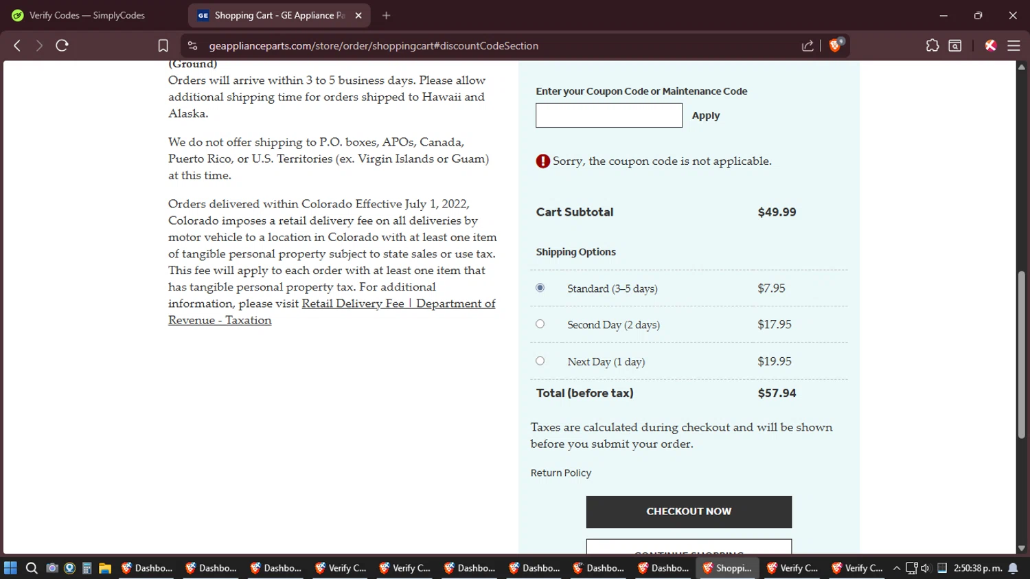 GE Appliance Parts coupon code screenshot showing code WLPUFW applied at GE Appliance Parts checkout page. Uploaded by SimplyCodes community member Amidamaru on Feb 7, 2026