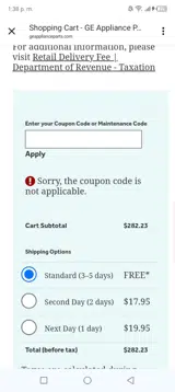 GE Appliance Parts coupon verification screenshot