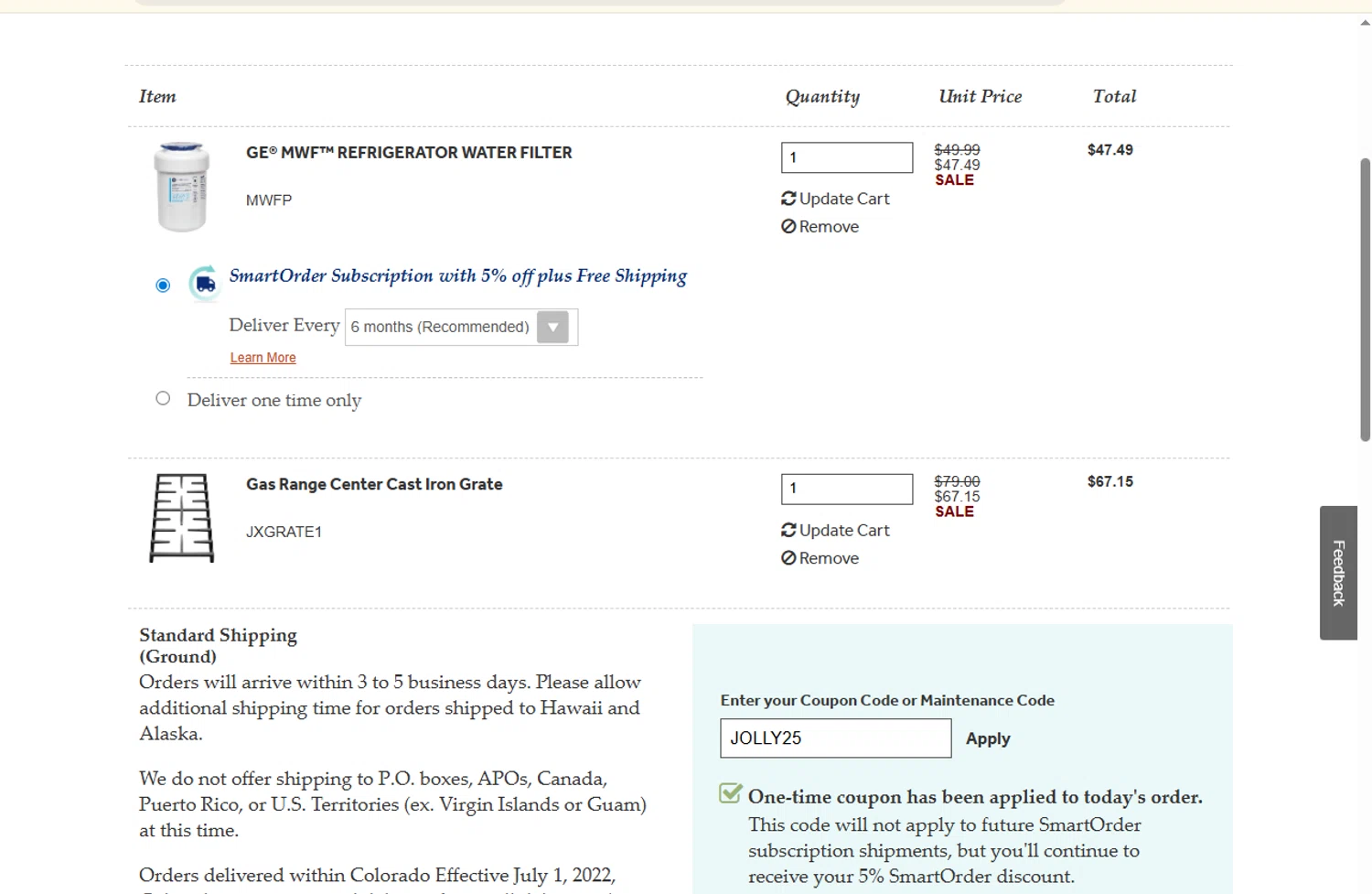 GE Appliance Parts coupon code screenshot showing code jolly25 applied at GE Appliance Parts checkout page. Uploaded by SimplyCodes community member ashe1986 on Dec 5, 2025
