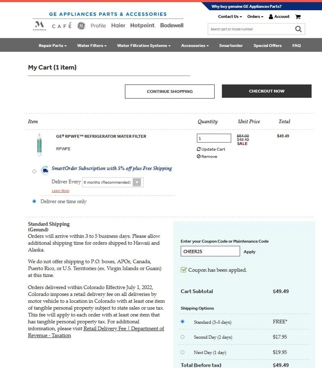 GE Appliance Parts coupon code screenshot showing code cheer25 applied at GE Appliance Parts checkout page. Uploaded by SimplyCodes community member stygian1 on Dec 11, 2025
