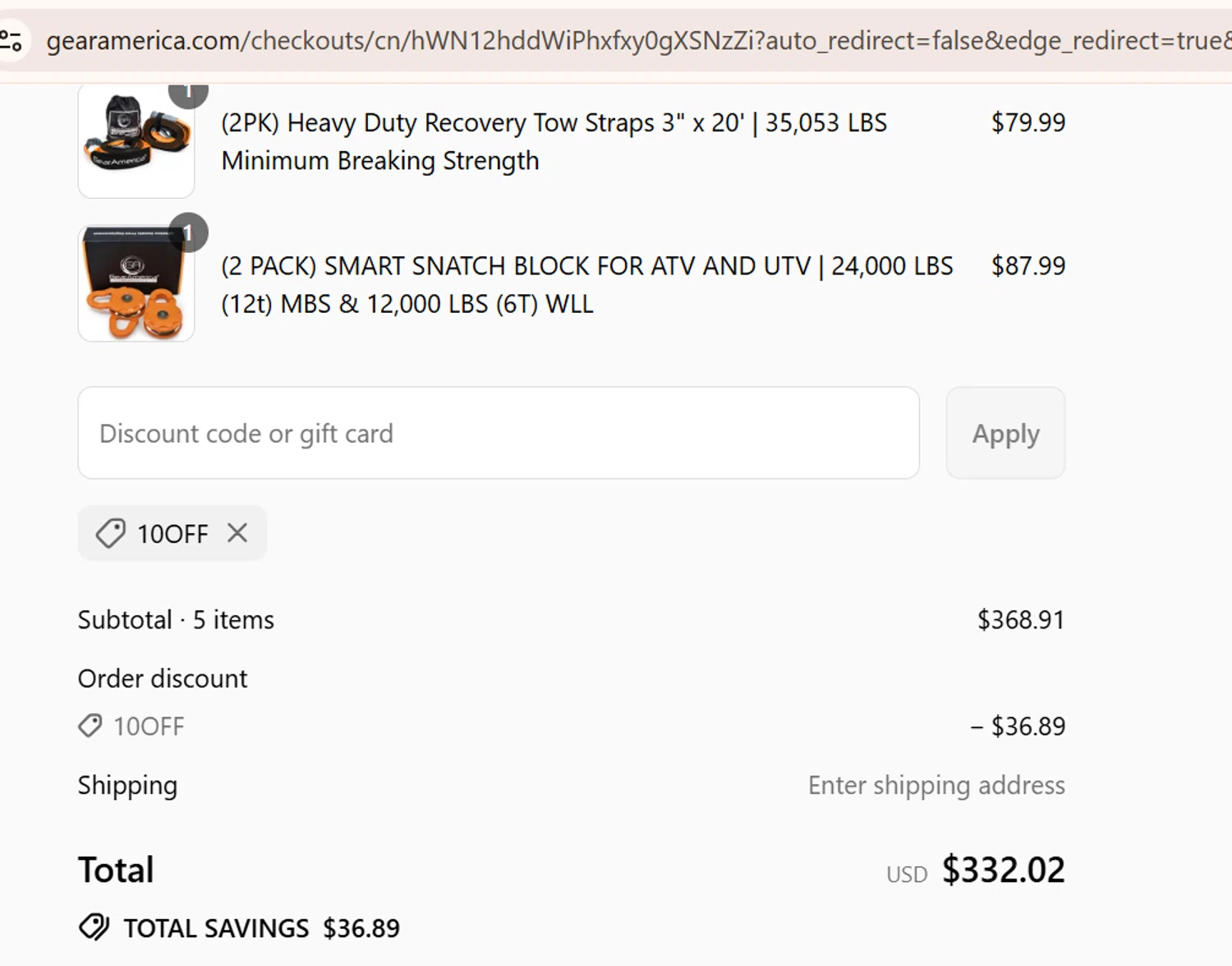 GearAmerica promo code screenshot showing code 10OFF applied at GearAmerica checkout page. Uploaded by SimplyCodes community member CouponSage9293 on Jul 25, 2025