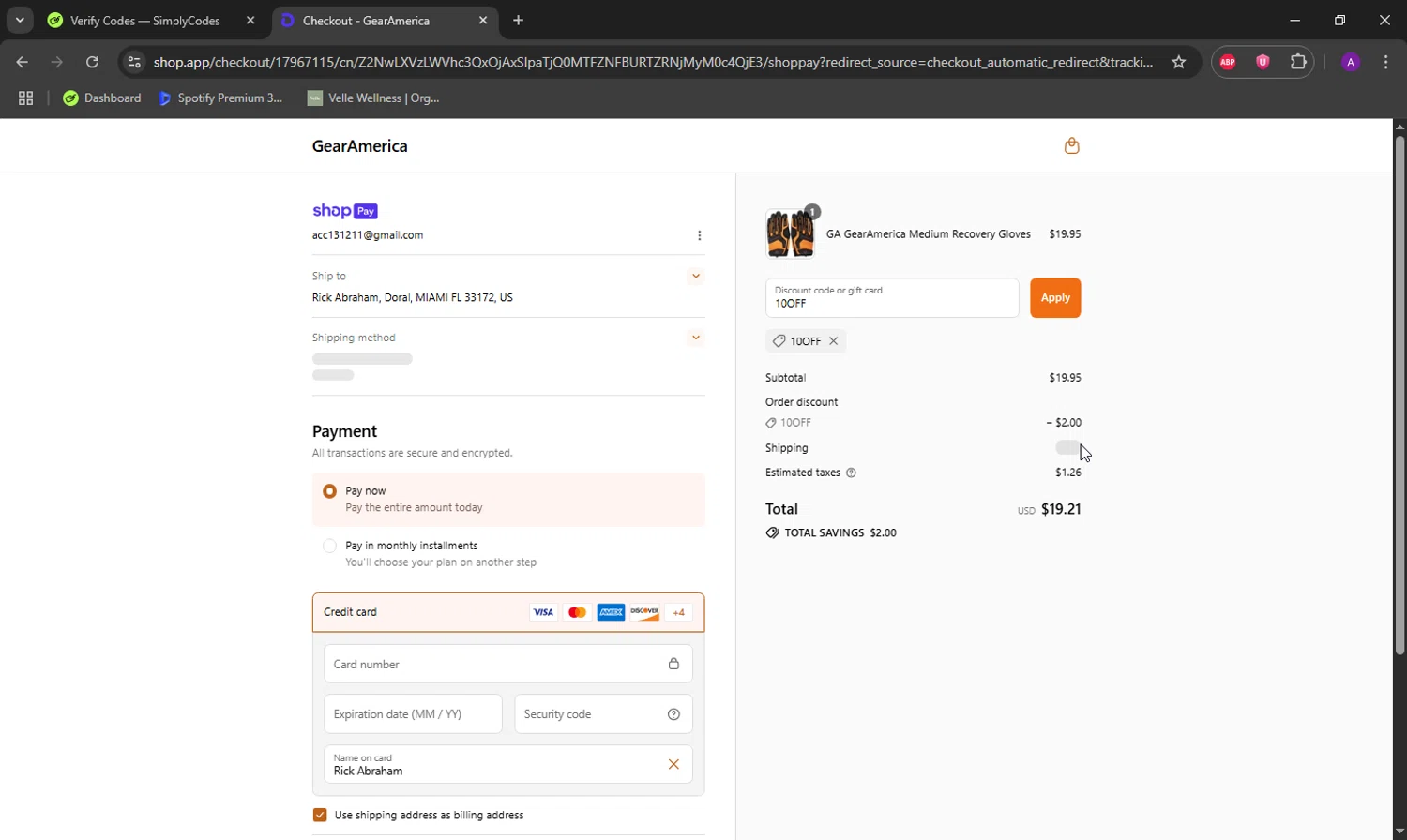 GearAmerica promo code screenshot showing code 10OFF applied at GearAmerica checkout page. Uploaded by SimplyCodes community member DeathBone on Jul 12, 2025