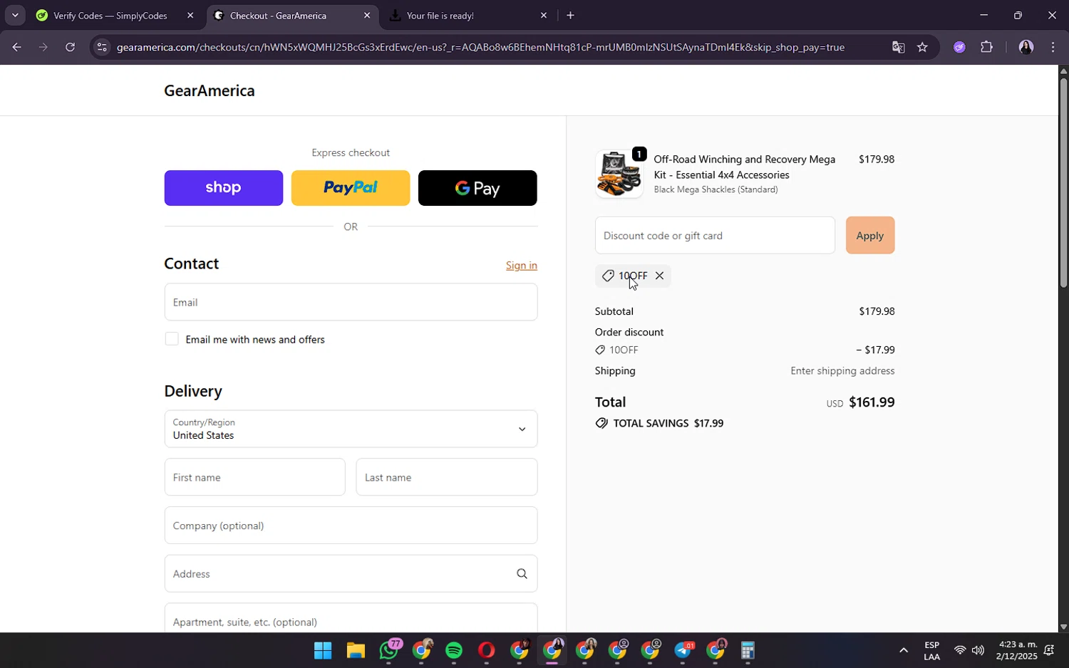 GearAmerica promo code screenshot showing code 10OFF applied at GearAmerica checkout page. Uploaded by SimplyCodes community member VictoriousVirtuoso8516 on Dec 2, 2025