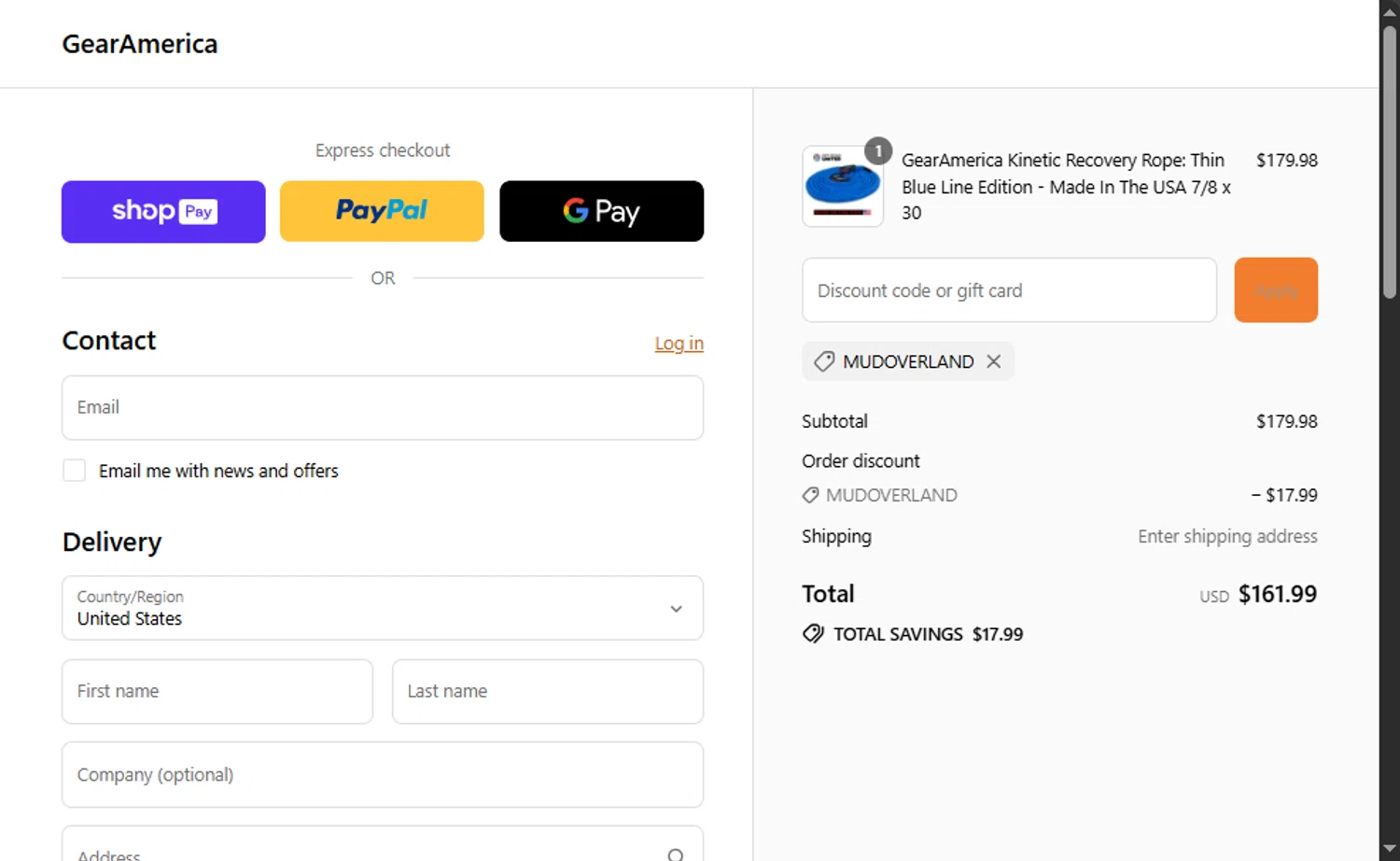 GearAmerica promo code screenshot showing code MUDOVERLAND applied at GearAmerica checkout page. Uploaded by SimplyCodes community member Santi_ago on Aug 20, 2025