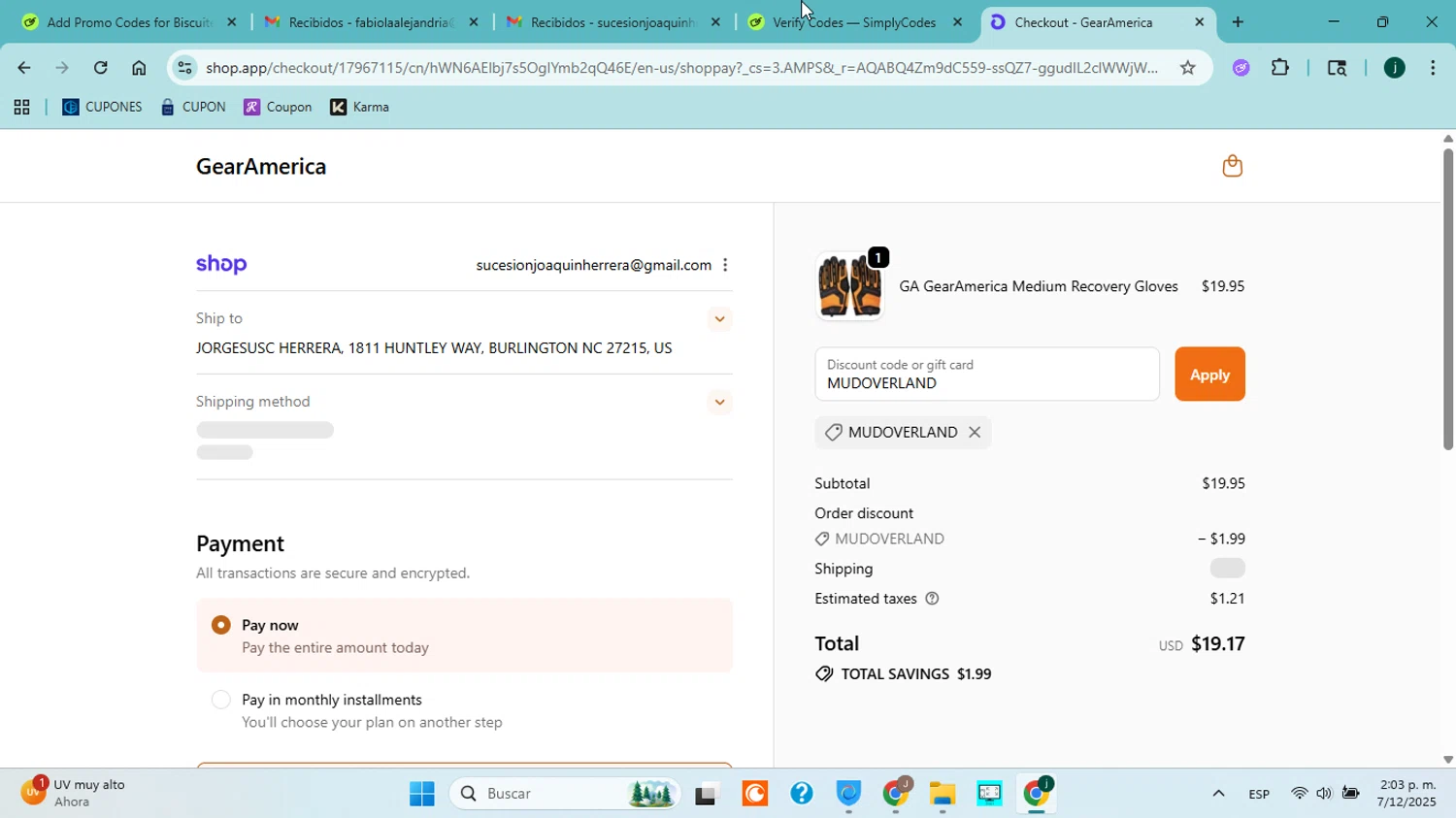 GearAmerica promo code screenshot showing code MUDOVERLAND applied at GearAmerica checkout page. Uploaded by SimplyCodes community member jorgejavierherrera on Dec 7, 2025