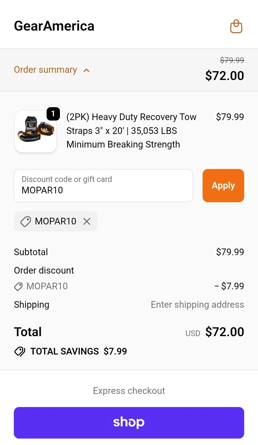 GearAmerica promo code screenshot showing code MOPAR10 applied at GearAmerica checkout page. Uploaded by SimplyCodes community member JuanMonge on Dec 2, 2025