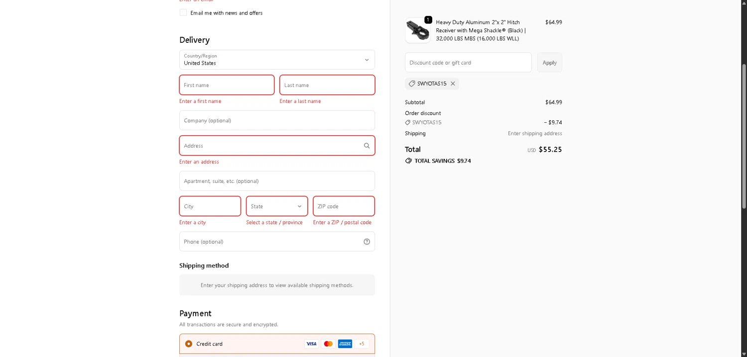 GearAmerica promo code screenshot showing code SWYOTAS15 applied at GearAmerica checkout page. Uploaded by SimplyCodes community member SwiftLynx7415 on Dec 7, 2025