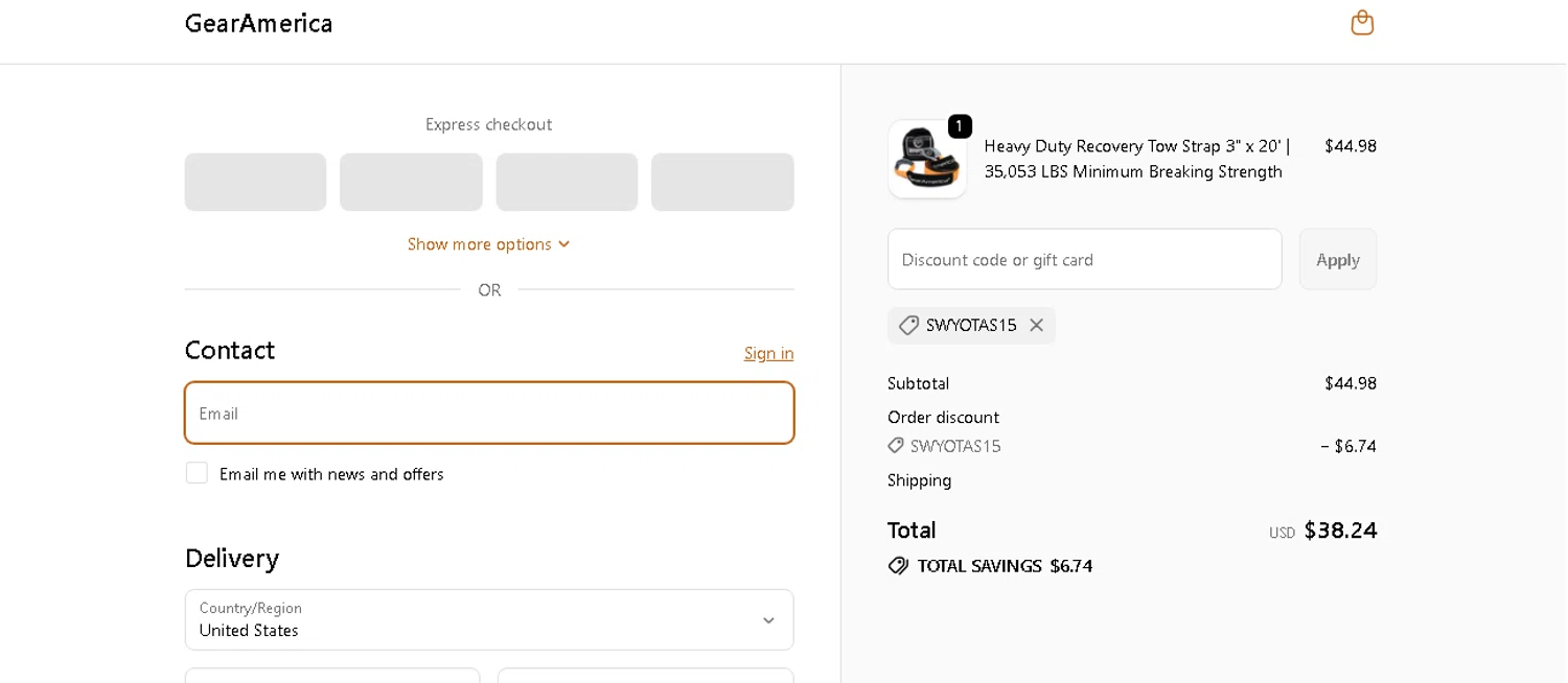 GearAmerica promo code screenshot showing code SWYOTAS15 applied at GearAmerica checkout page. Uploaded by SimplyCodes community member shark12 on Nov 5, 2025