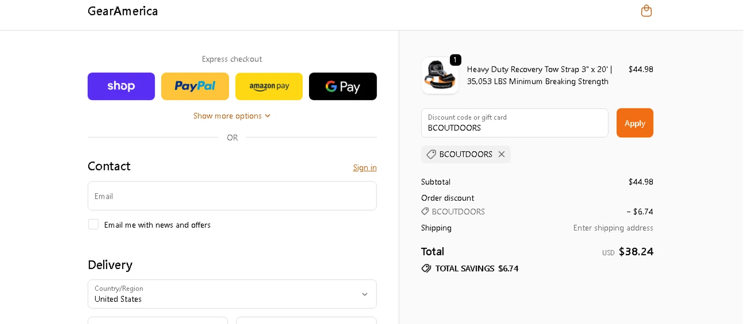 GearAmerica promo code screenshot showing code BCOUTDOORS applied at GearAmerica checkout page. Uploaded by SimplyCodes community member shark12 on Nov 5, 2025