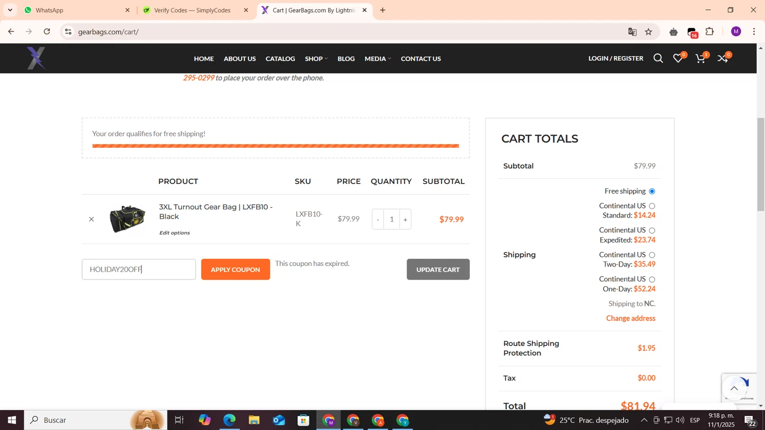GearBags promo code screenshot showing code HOLIDAY20OFF applied at GearBags checkout page. Uploaded by SimplyCodes community member cod_gakpo on Jan 12, 2025