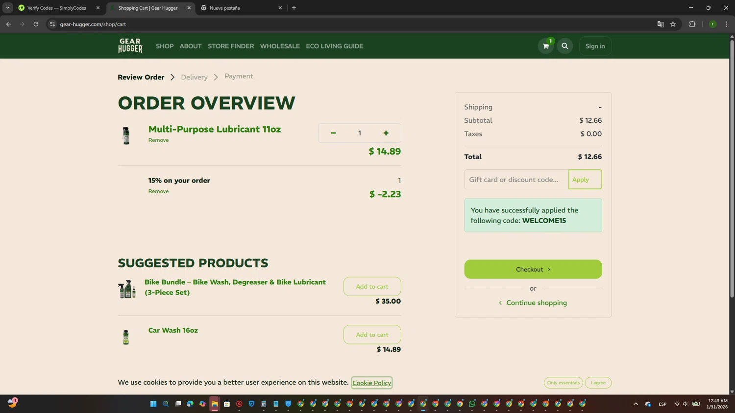 Gear Hugger promo code screenshot showing code WELCOME15 applied at Gear Hugger checkout page. Uploaded by SimplyCodes community member GoldScout9735 on Jan 31, 2026