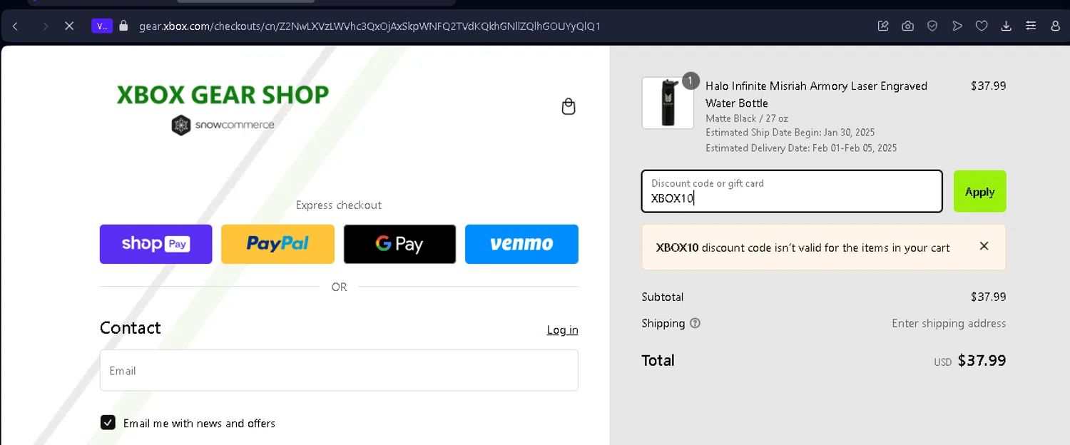 Xbox Gear Shop discount code screenshot showing code XBOX10 applied at Xbox Gear Shop checkout page. Uploaded by SimplyCodes community member NobleSentinel8535 on Jan 30, 2025