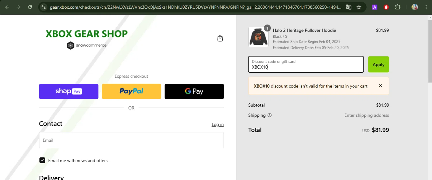 Xbox Gear Shop discount code screenshot showing code XBOX10 applied at Xbox Gear Shop checkout page. Uploaded by SimplyCodes community member BrilliantFox7966 on Feb 3, 2025