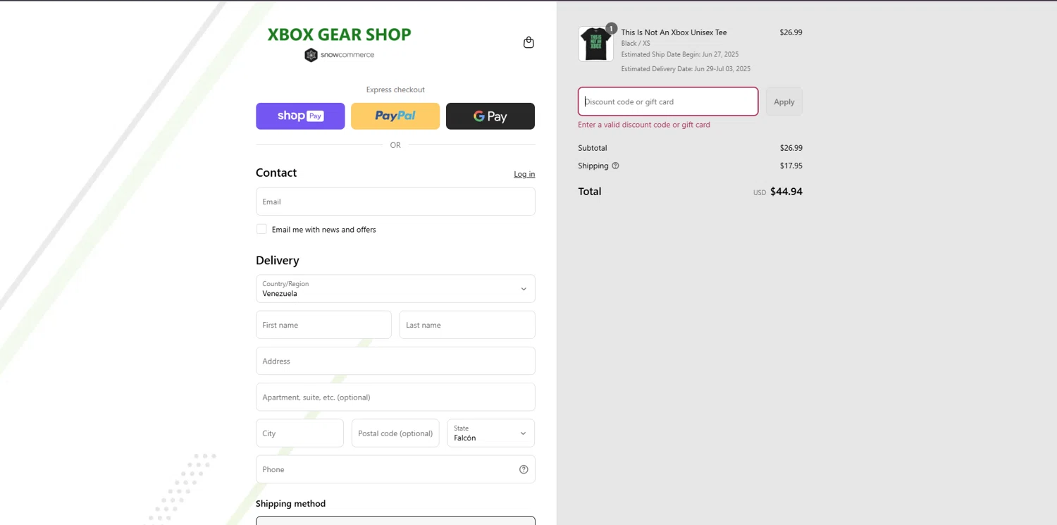Xbox Gear Shop discount code screenshot showing code FANFEST-GS23-15 applied at Xbox Gear Shop checkout page. Uploaded by SimplyCodes community member brrrrr on Jun 27, 2025