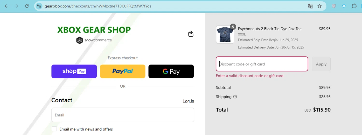 Xbox Gear Shop discount code screenshot showing code FANFEST-GS23-15 applied at Xbox Gear Shop checkout page. Uploaded by SimplyCodes community member carol_lameda on Jun 27, 2025