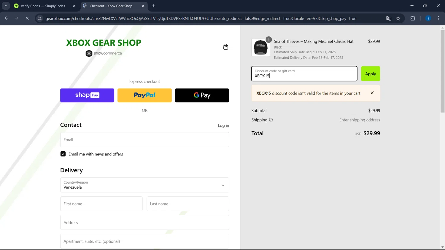 Xbox Gear Shop discount code screenshot showing code XBOX15 applied at Xbox Gear Shop checkout page. Uploaded by SimplyCodes community member CodeSaver4373 on Feb 11, 2025