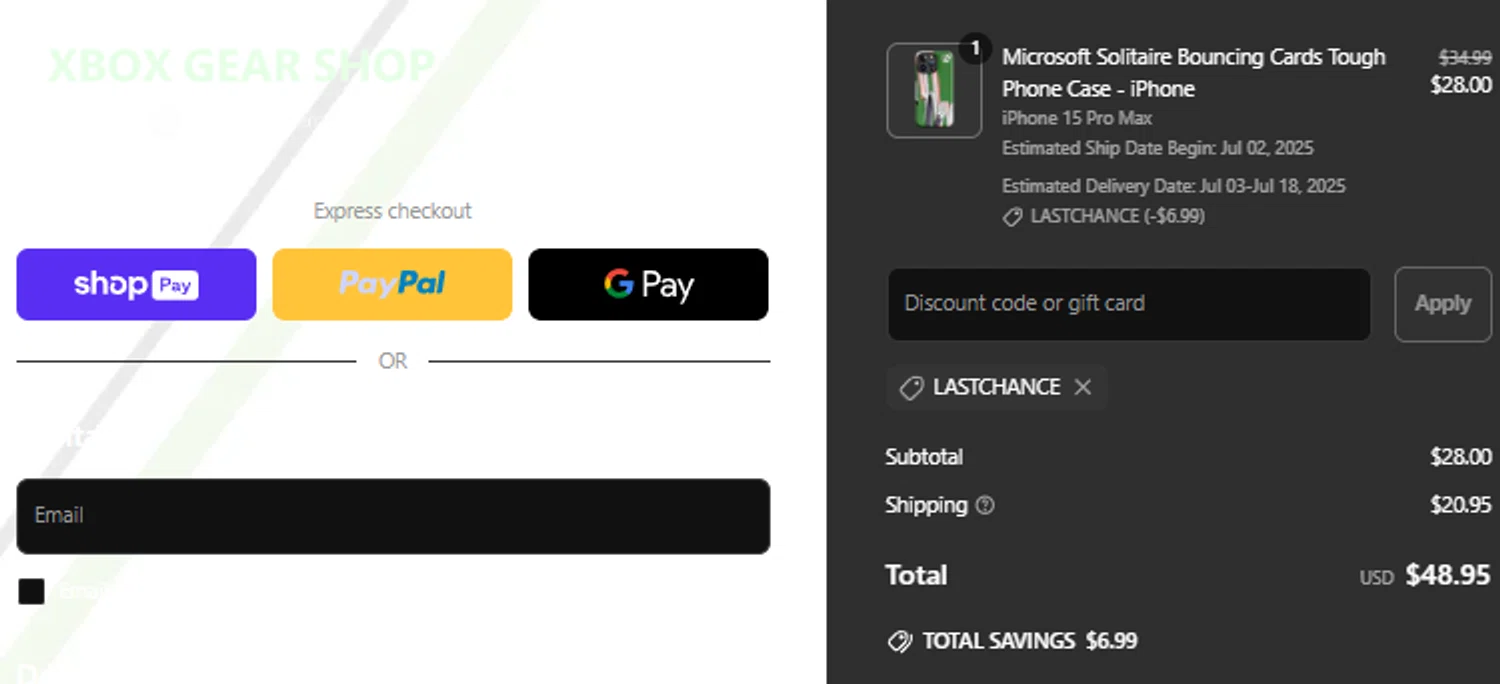 Xbox Gear Shop discount code screenshot showing code lastchance applied at Xbox Gear Shop checkout page. Uploaded by SimplyCodes community member SpiderGwen on Jun 30, 2025