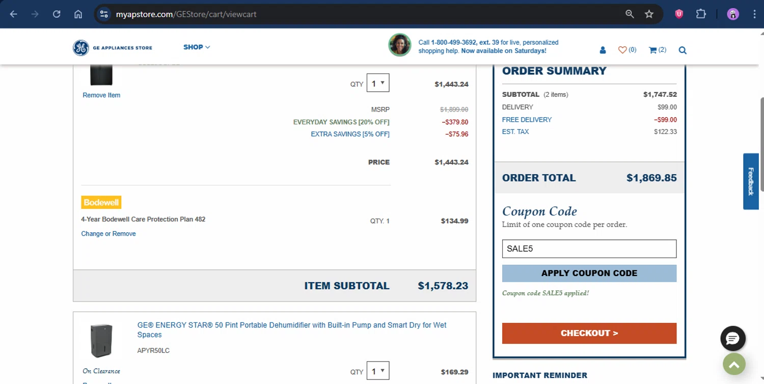 GEA Store coupon code screenshot showing code SALE5 applied at GEA Store checkout page. Uploaded by SimplyCodes community member rapc3030 on Jul 11, 2025
