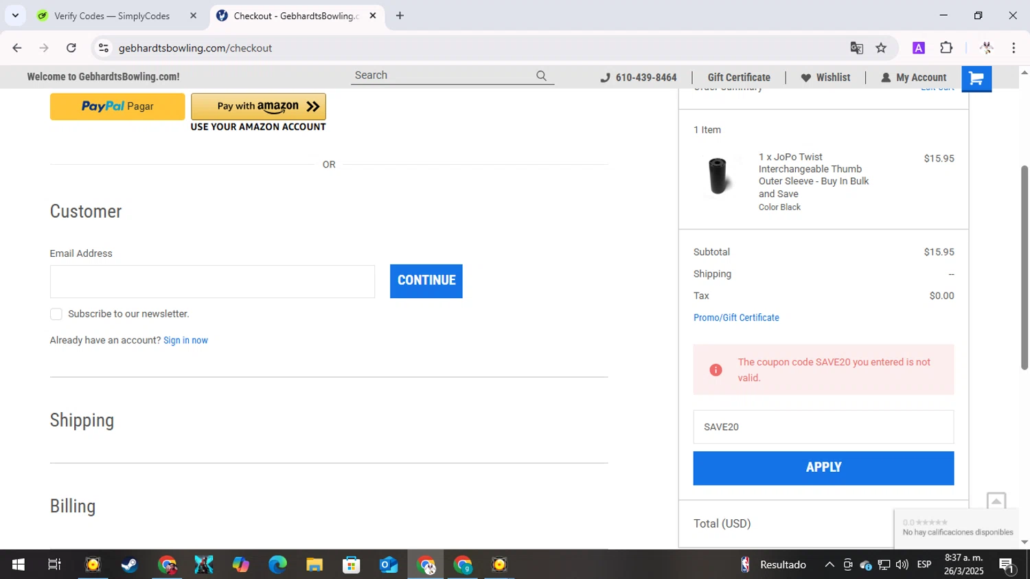 Gebhardts Bowling coupon code screenshot showing code SAVE20 applied at Gebhardts Bowling checkout page. Uploaded by SimplyCodes community member GameOver on Mar 26, 2025