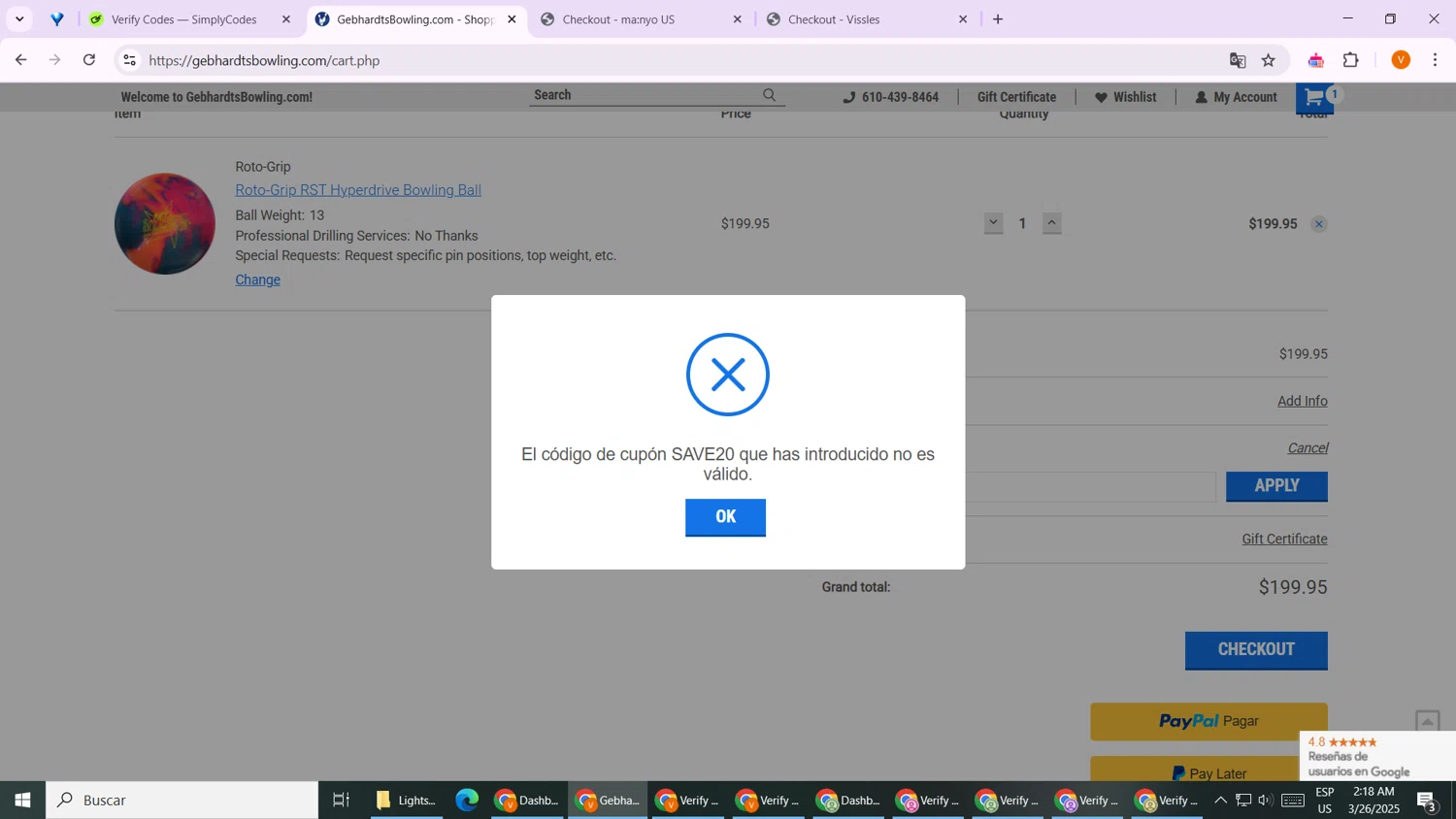 Gebhardts Bowling coupon code screenshot showing code SAVE20 applied at Gebhardts Bowling checkout page. Uploaded by SimplyCodes community member TheGrefg on Mar 26, 2025