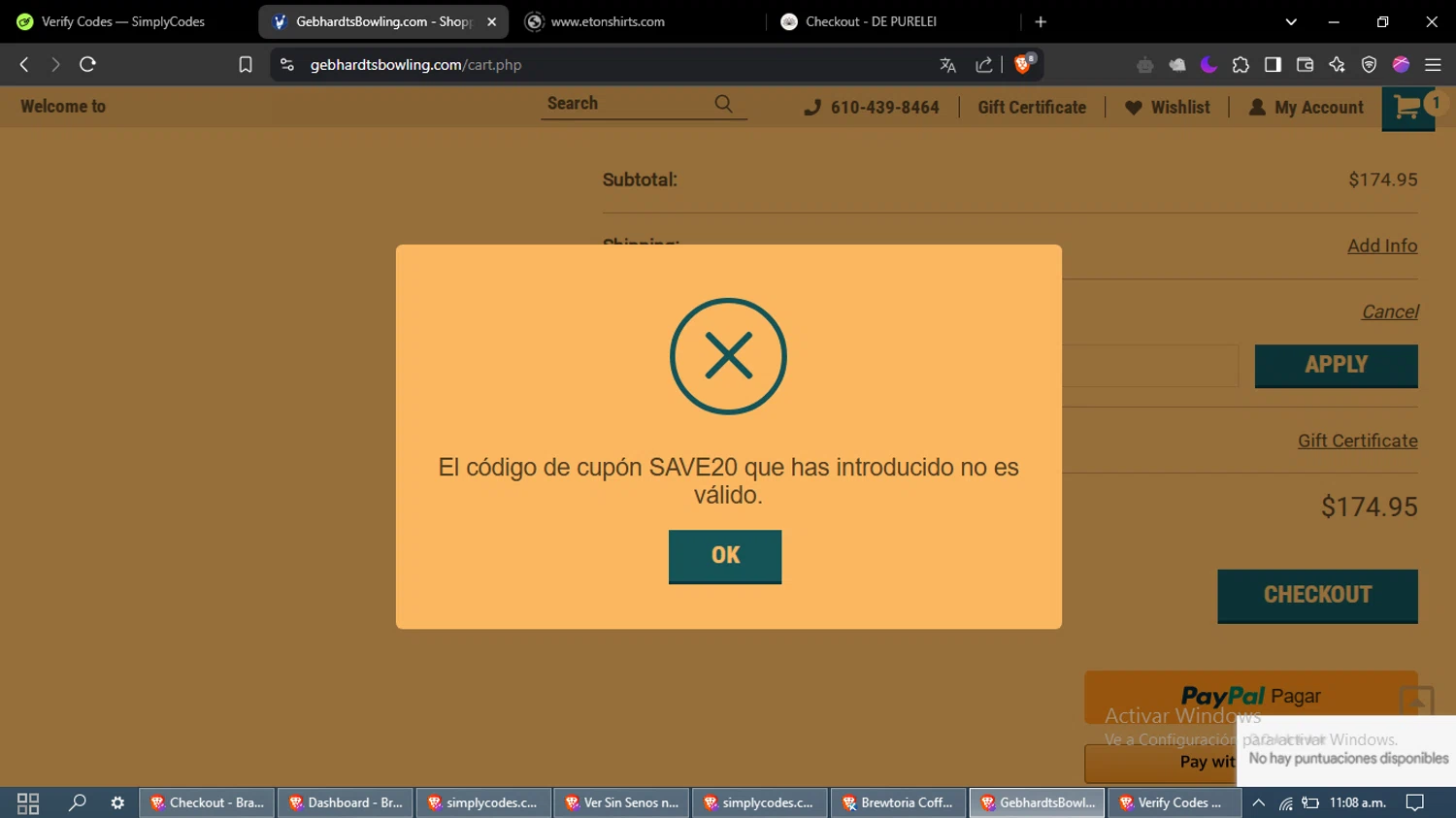 Gebhardts Bowling coupon code screenshot showing code SAVE20 applied at Gebhardts Bowling checkout page. Uploaded by SimplyCodes community member MoneyFox4293 on Mar 26, 2025