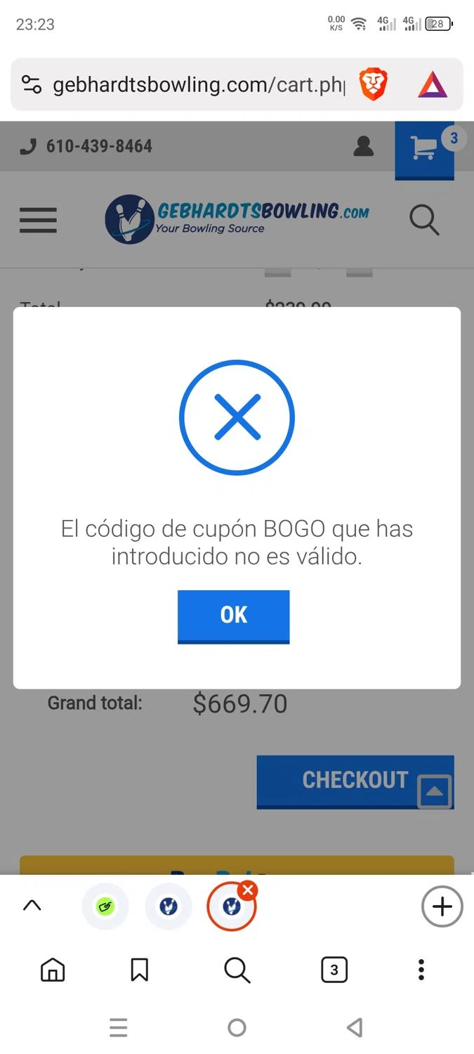 Gebhardts Bowling coupon code screenshot showing code BOGO applied at Gebhardts Bowling checkout page. Uploaded by SimplyCodes community member dayselis15 on Jul 17, 2025