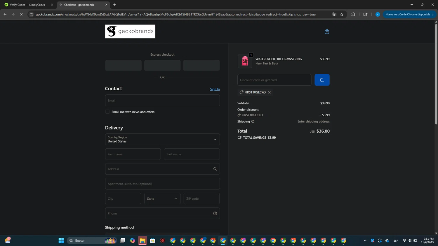 Geckobrands promo code screenshot showing code FIRST10GECKO applied at Geckobrands checkout page. Uploaded by SimplyCodes community member CouponPhoenix3444 on Nov 6, 2025