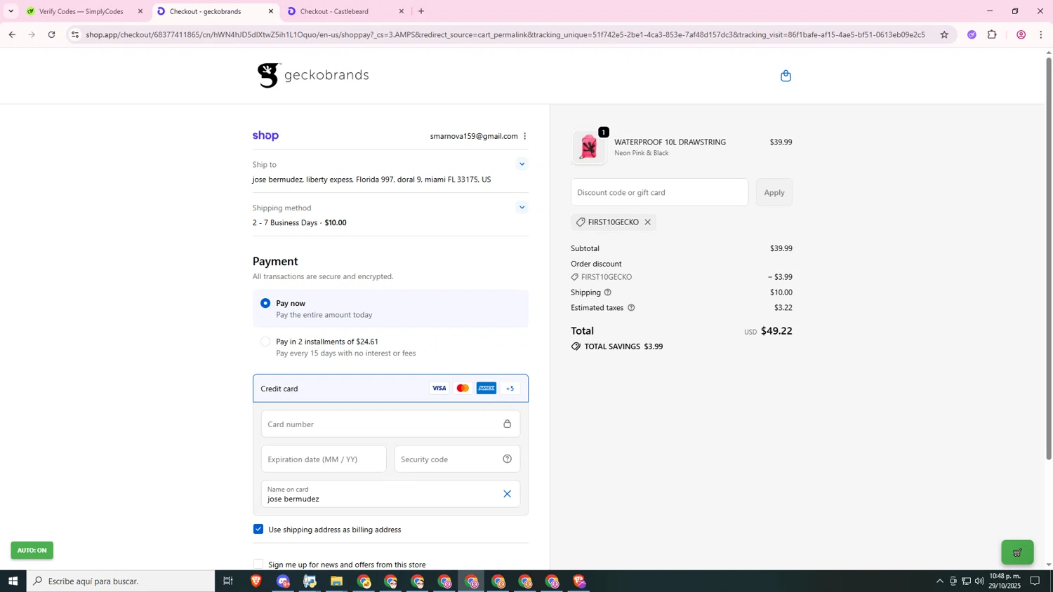 Geckobrands promo code screenshot showing code FIRST10GECKO applied at Geckobrands checkout page. Uploaded by SimplyCodes community member diosgreed2030 on Oct 30, 2025
