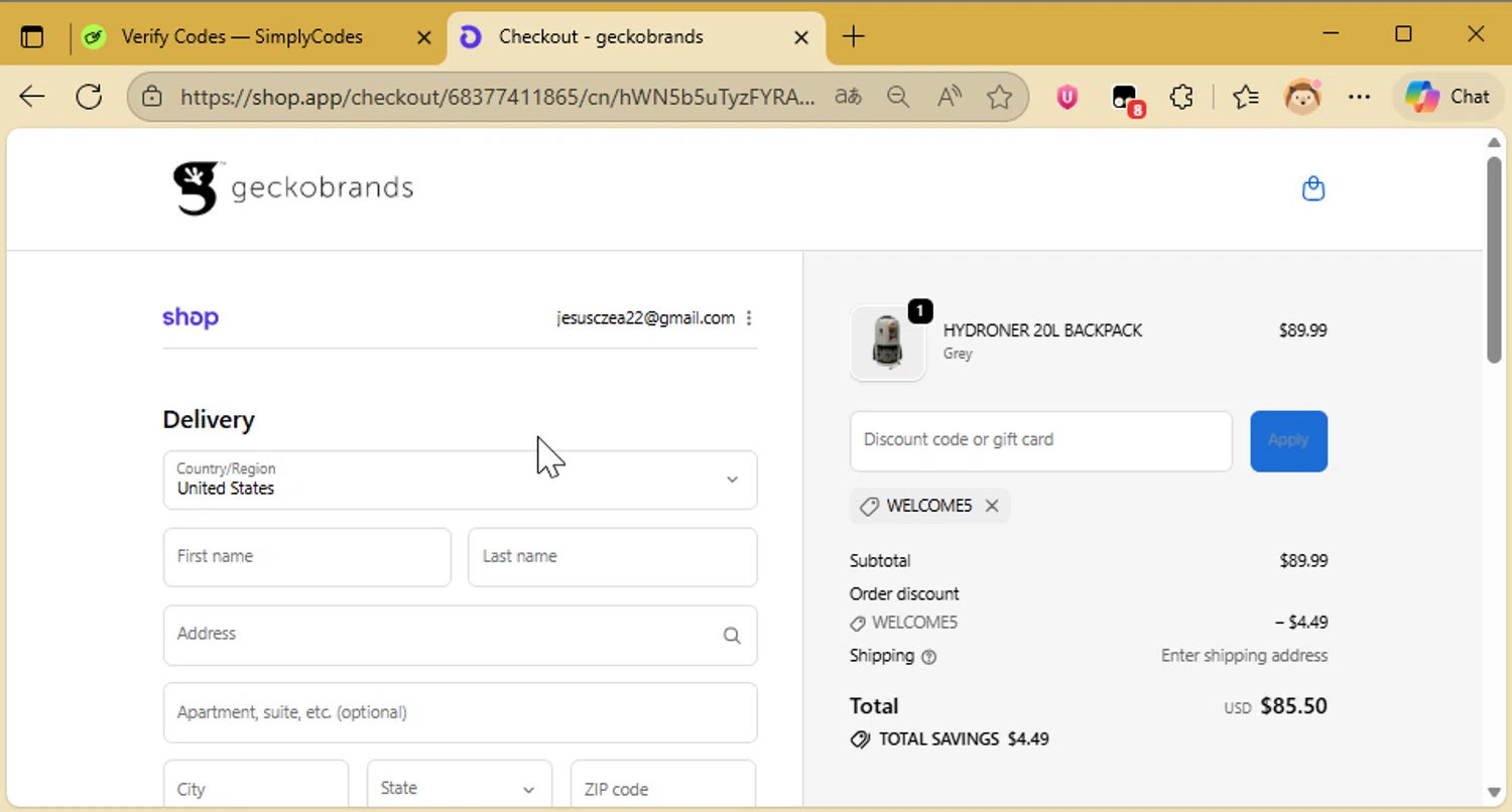 Geckobrands promo code screenshot showing code WELCOME5 applied at Geckobrands checkout page. Uploaded by SimplyCodes community member CleverAce742 on Nov 22, 2025