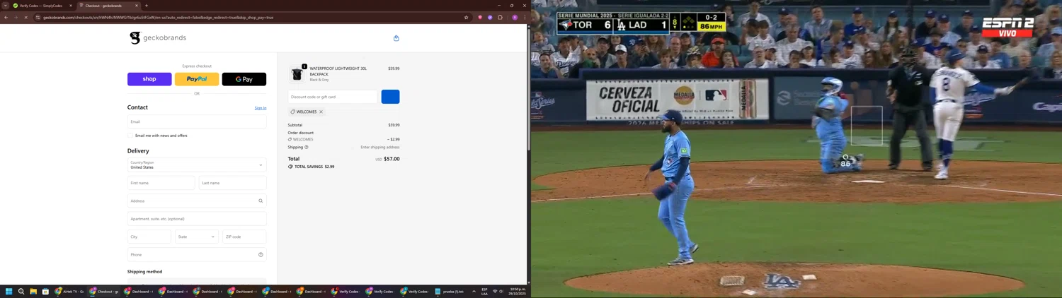 Geckobrands promo code screenshot showing code WELCOME5 applied at Geckobrands checkout page. Uploaded by SimplyCodes community member RoyalSentinel4577 on Oct 30, 2025