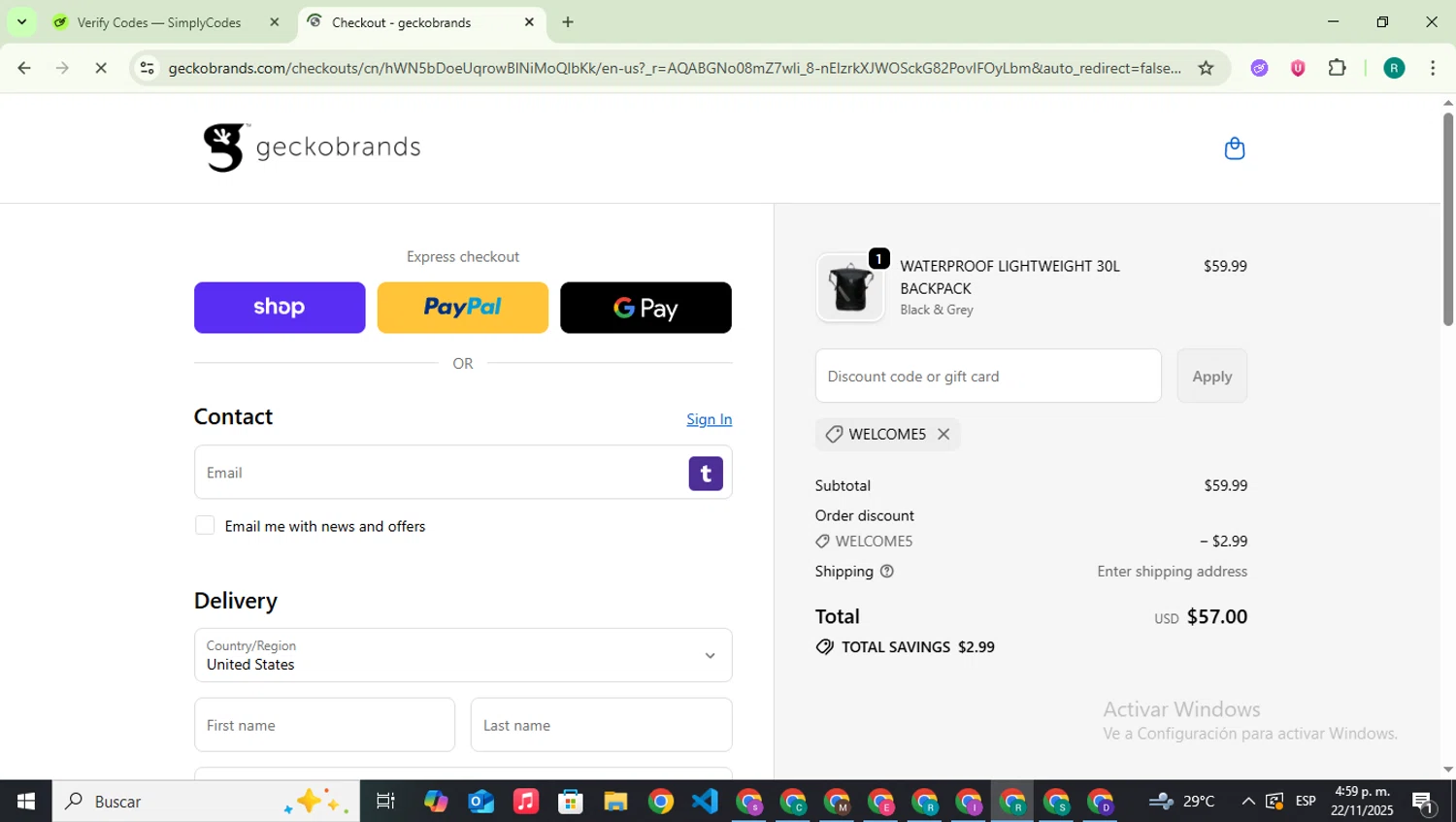 Geckobrands promo code screenshot showing code WELCOME5 applied at Geckobrands checkout page. Uploaded by SimplyCodes community member SavingsLegend387 on Nov 22, 2025