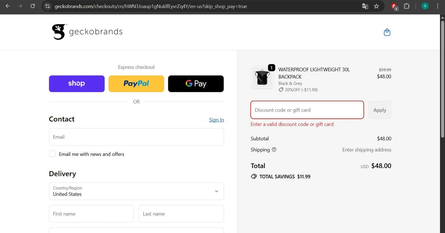 Geckobrands promo code screenshot showing code SCHOOL15 applied at Geckobrands checkout page. Uploaded by SimplyCodes community member lizimerz on Sep 23, 2025