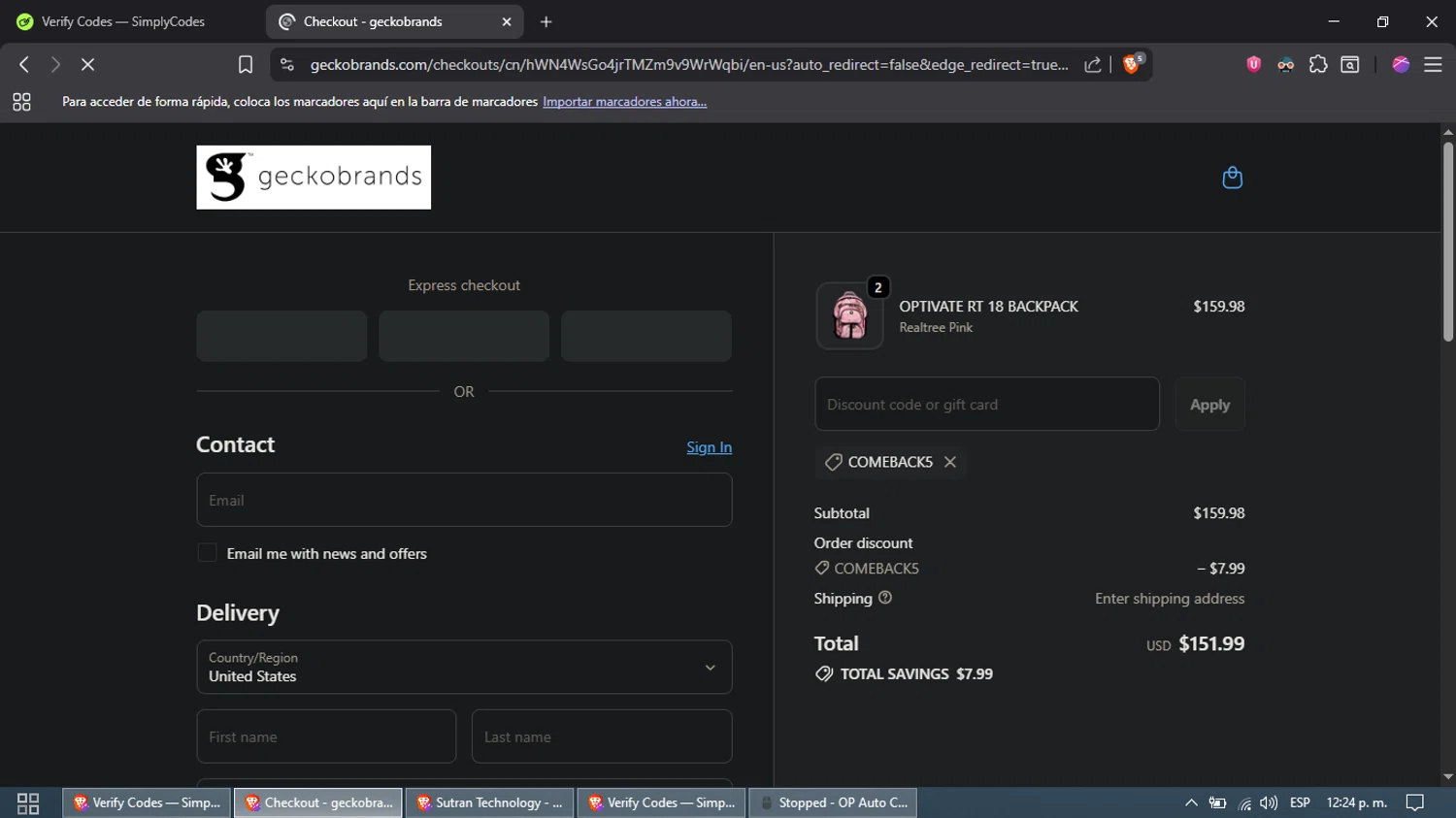 Geckobrands promo code screenshot showing code COMEBACK5 applied at Geckobrands checkout page. Uploaded by SimplyCodes community member DazzLL on Oct 25, 2025