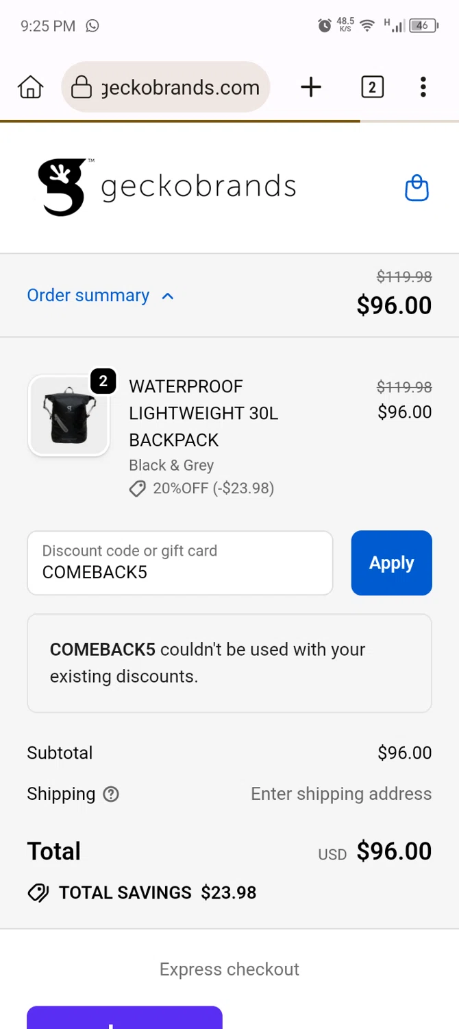 Geckobrands promo code screenshot showing code COMEBACK5 applied at Geckobrands checkout page. Uploaded by SimplyCodes community member MRDEAL on Sep 25, 2025
