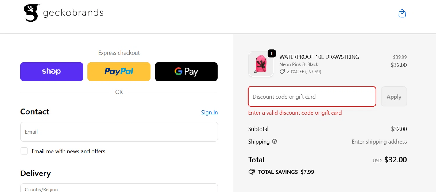 Geckobrands promo code screenshot showing code 20%OFF applied at Geckobrands checkout page. Uploaded by SimplyCodes community member josegarcia6 on Sep 25, 2025