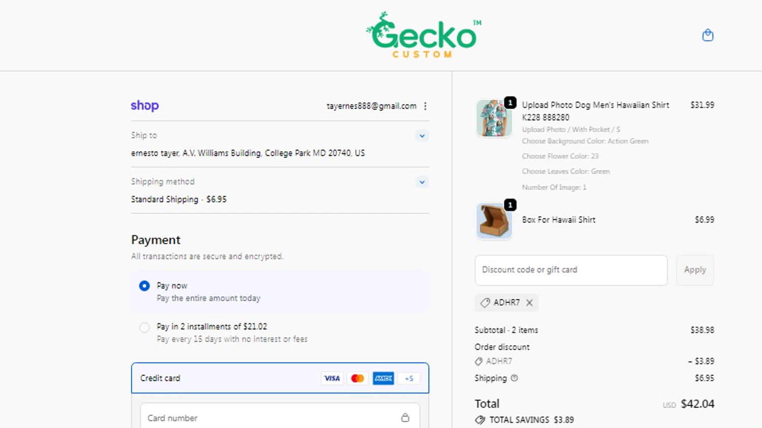 GeckoCustom checkout page showing GeckoCustom coupon code box | Screenshot taken by SimplyCodes community member on Feb 10, 2026