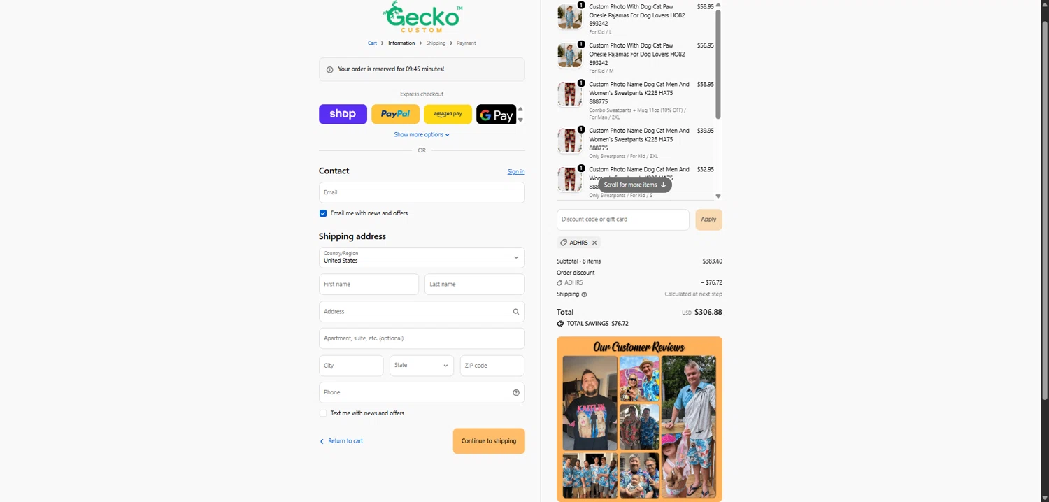 GeckoCustom coupon code screenshot showing code ADHR5 applied at GeckoCustom checkout page. Uploaded by SimplyCodes community member TokenFalcon7462 on Feb 10, 2026