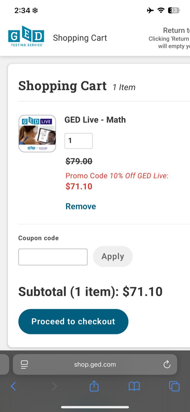 GED checkout page showing GED coupon code box | Screenshot taken by SimplyCodes community member on Jul 27, 2025