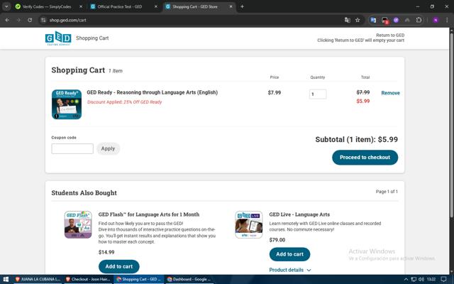 GED checkout page showing GED coupon code box | Screenshot taken by SimplyCodes community member on Jul 18, 2025