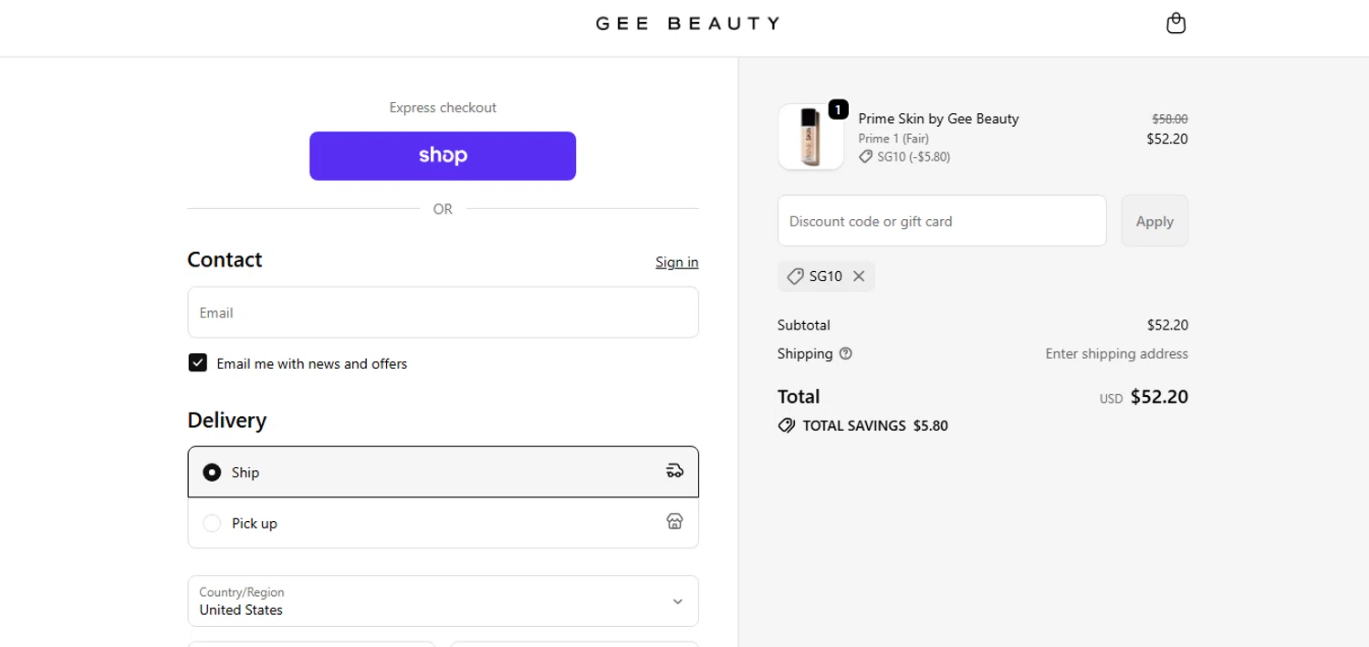 GEE Beauty promo code screenshot showing code SG10 applied at GEE Beauty checkout page. Uploaded by SimplyCodes community member CashAce9852 on Oct 4, 2025