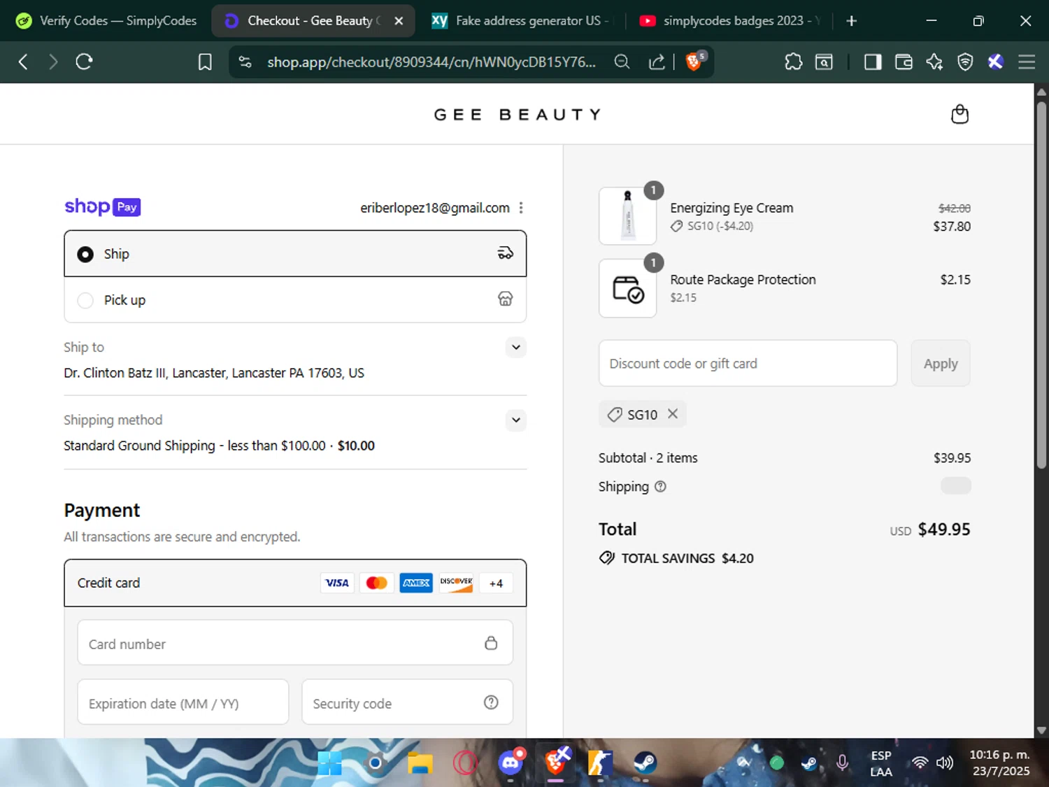 GEE Beauty promo code screenshot showing code SG10 applied at GEE Beauty checkout page. Uploaded by SimplyCodes community member Mafer69 on Jul 24, 2025