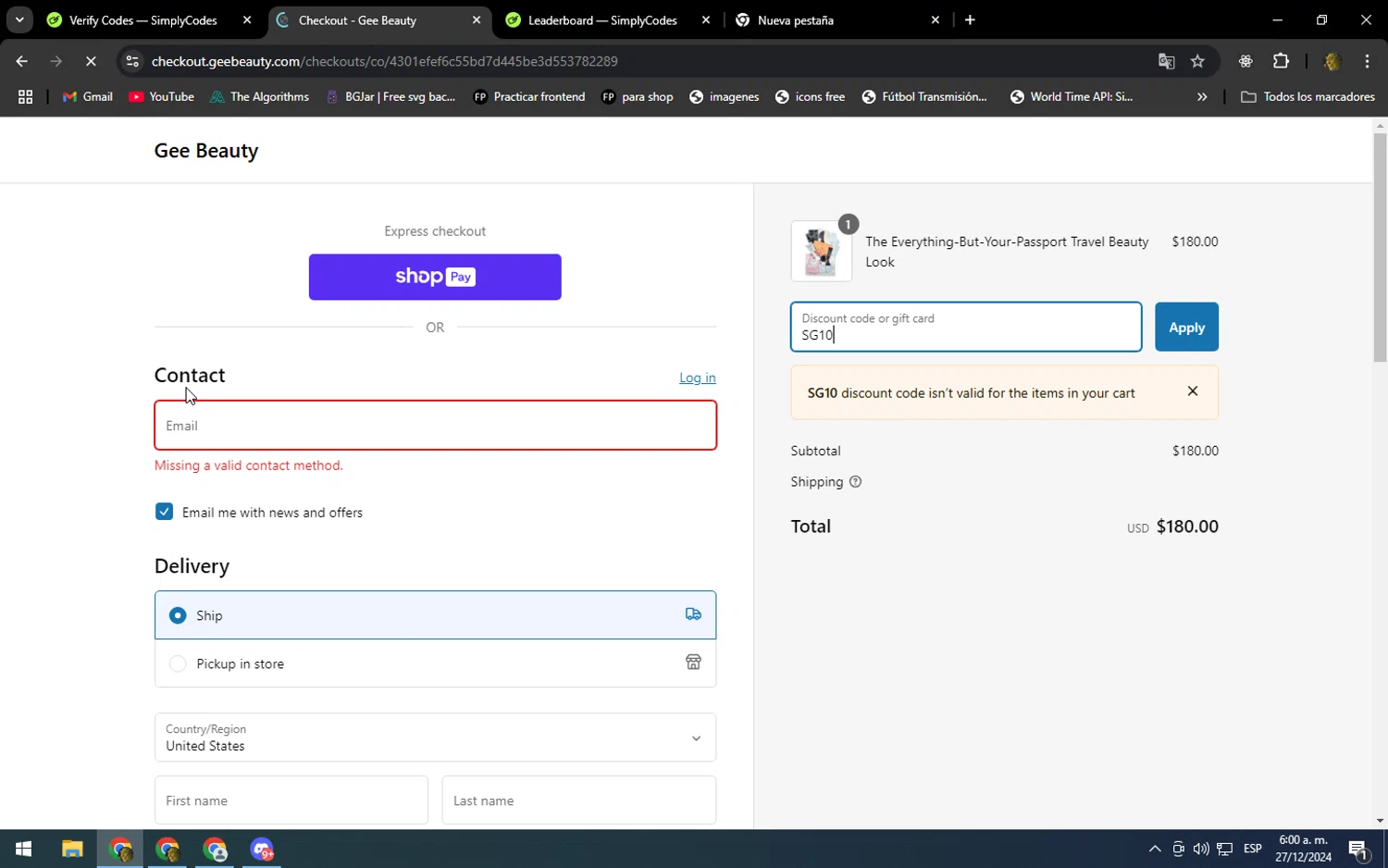 GEE Beauty promo code screenshot showing code SG10 applied at GEE Beauty checkout page. Uploaded by SimplyCodes community member DonPollito on Dec 27, 2024