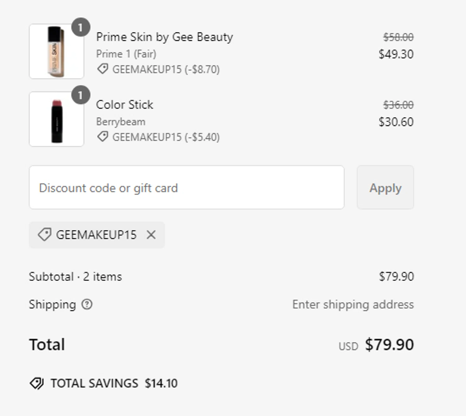 GEE Beauty promo code screenshot showing code GEEMAKEUP15 applied at GEE Beauty checkout page. Uploaded by SimplyCodes community member RewardCurator5232 on Jan 31, 2025