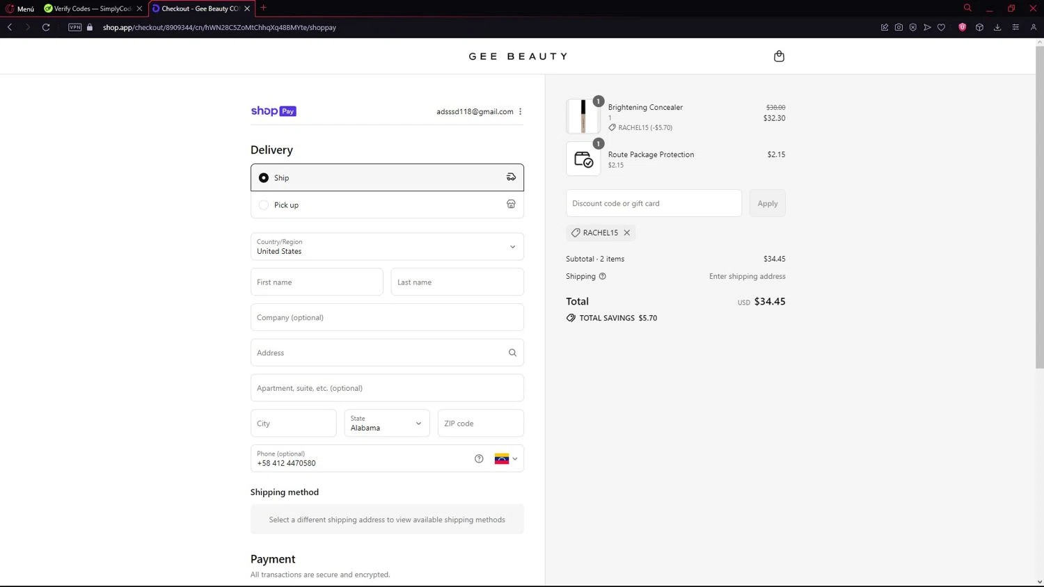 GEE Beauty promo code screenshot showing code RACHEL15 applied at GEE Beauty checkout page. Uploaded by SimplyCodes community member LegendarySeeker3956 on Aug 23, 2025
