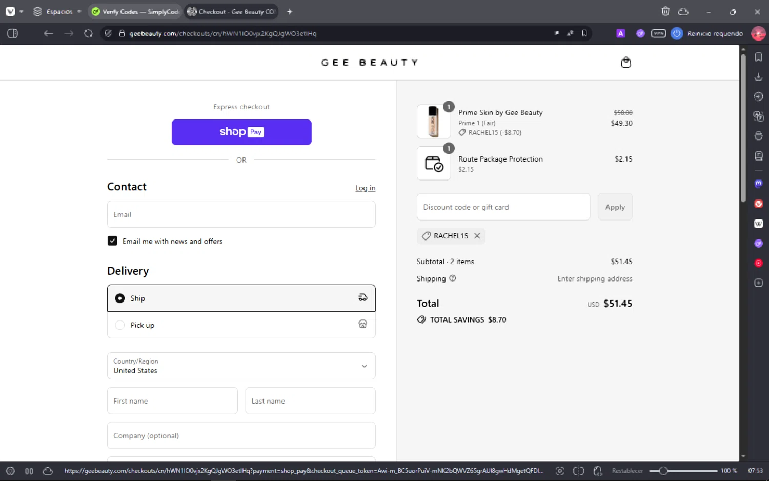 GEE Beauty promo code screenshot showing code RACHEL15 applied at GEE Beauty checkout page. Uploaded by SimplyCodes community member MoneyAce864 on Aug 1, 2025
